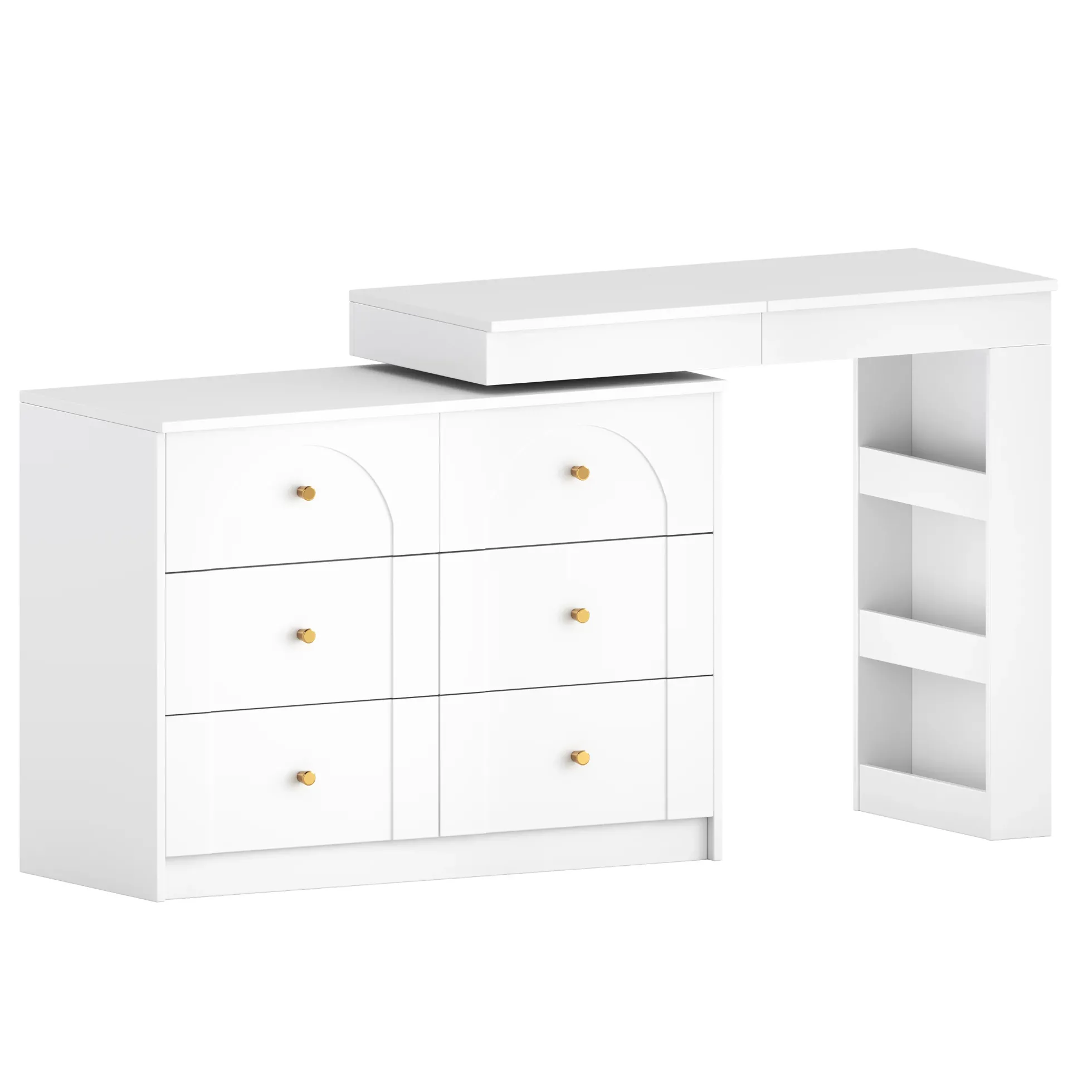 Walker Edison | White Multi-Functional Vanity Desk Dresser Set with Flip Mirror and Lights