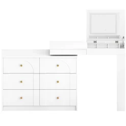 Walker Edison | White Multi-Functional Vanity Desk Dresser Set with Flip Mirror and Lights