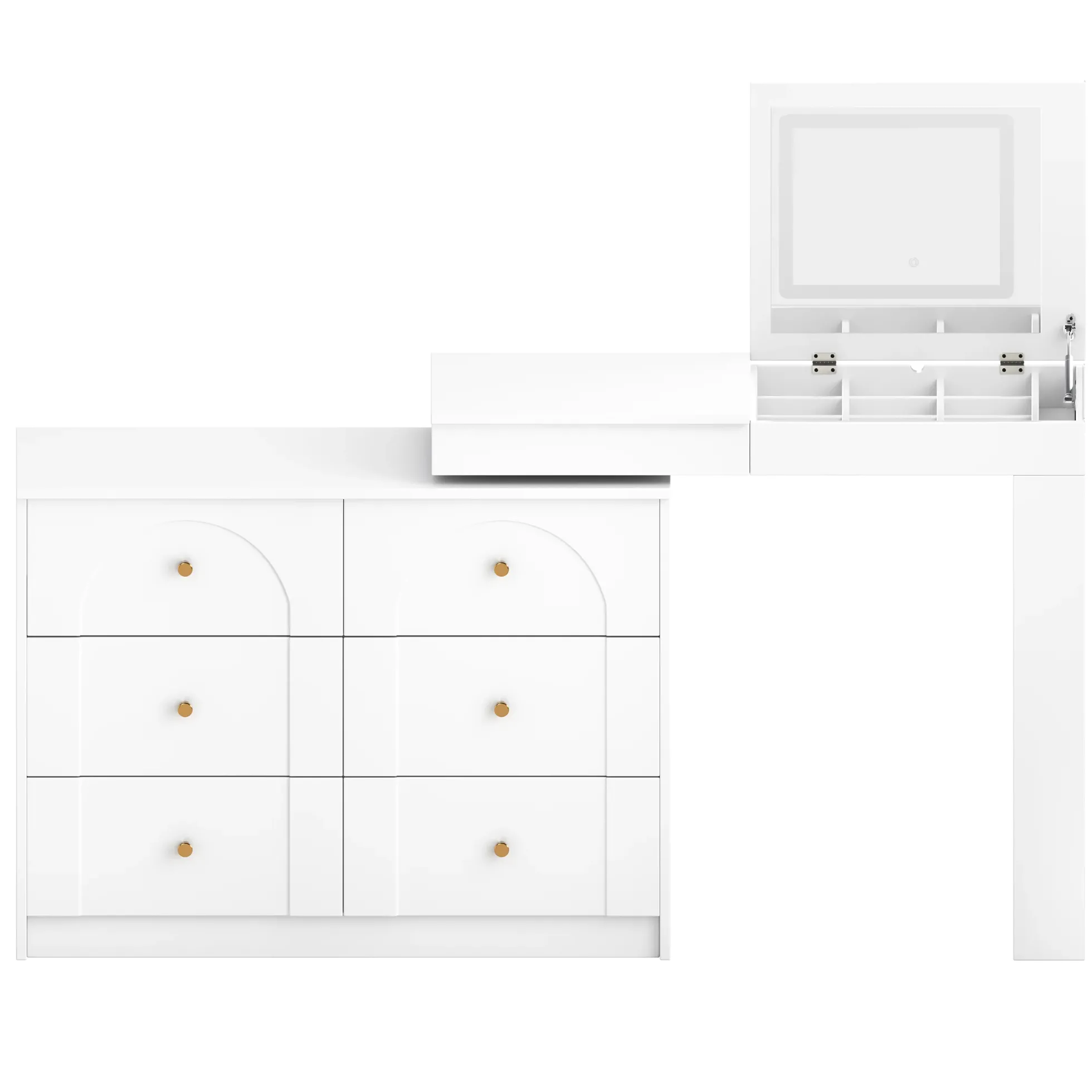Walker Edison | White Multi-Functional Vanity Desk Dresser Set with Flip Mirror and Lights