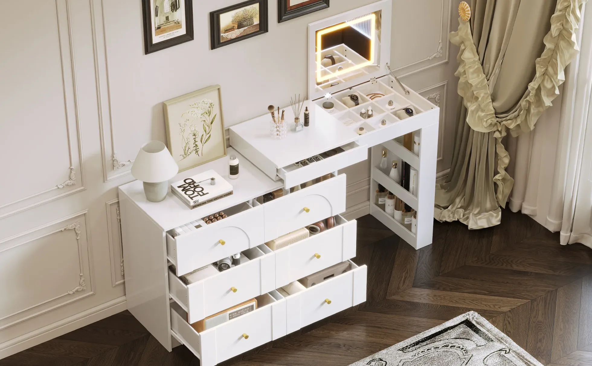 Walker Edison | White Multi-Functional Vanity Desk Dresser Set with Flip Mirror and Lights