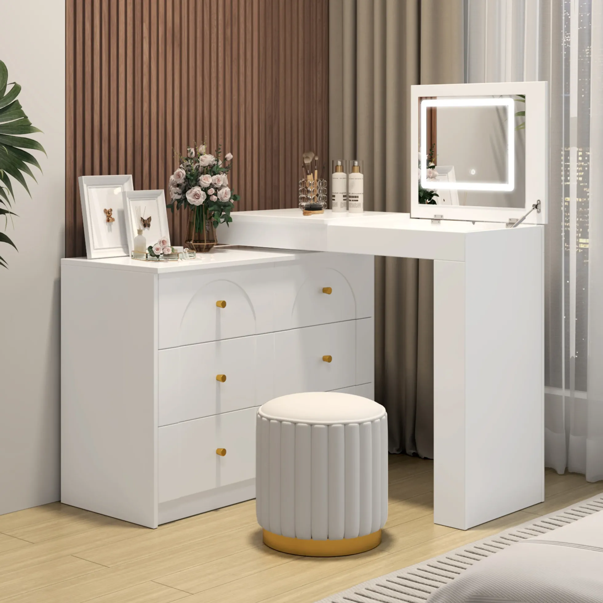 Walker Edison | White Multi-Functional Vanity Desk Dresser Set with Flip Mirror and Lights