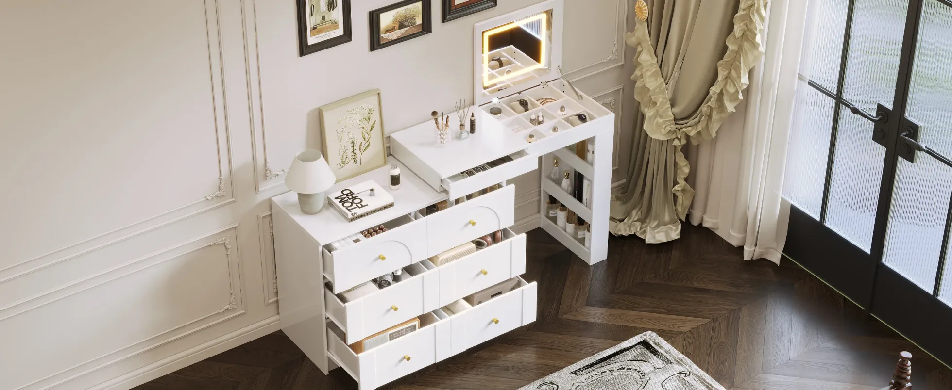 Walker Edison | White Multi-Functional Vanity Desk Dresser Set with Flip Mirror and Lights