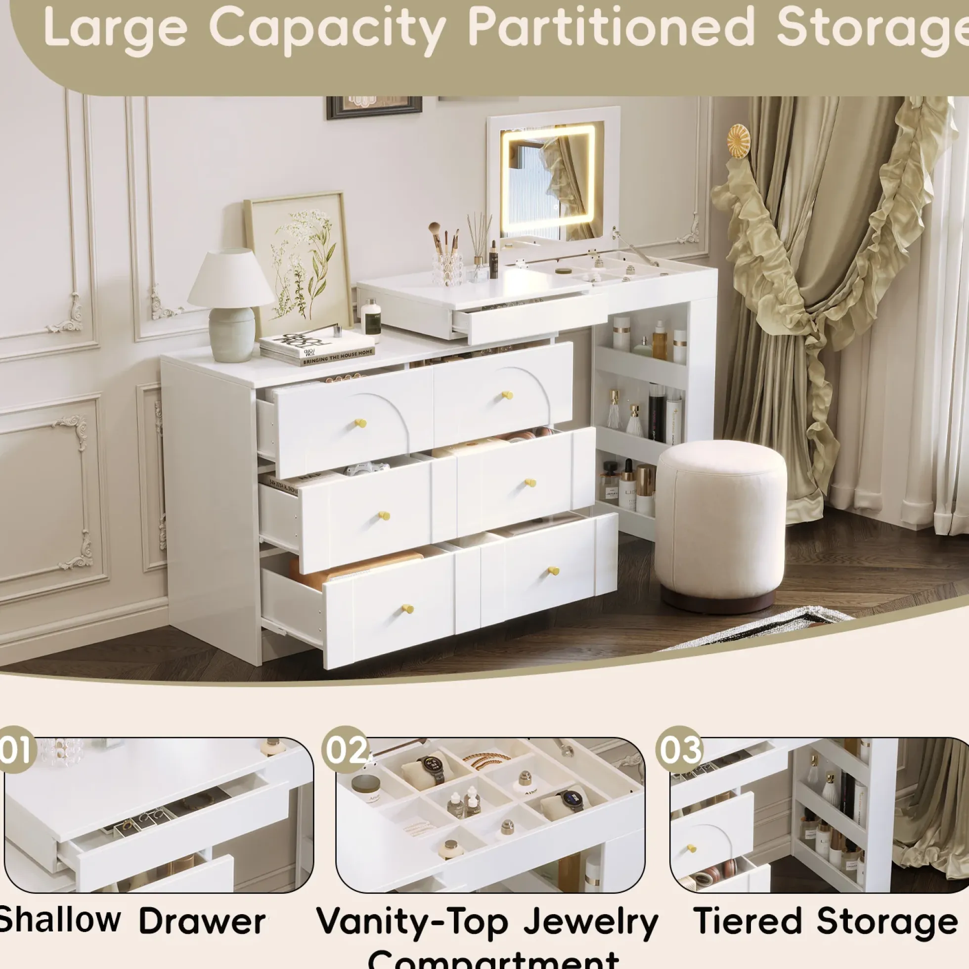 Walker Edison | White Multi-Functional Vanity Desk Dresser Set with Flip Mirror and Lights