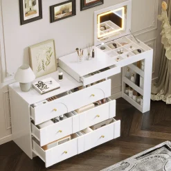 Walker Edison | White Multi-Functional Vanity Desk Dresser Set with Flip Mirror and Lights