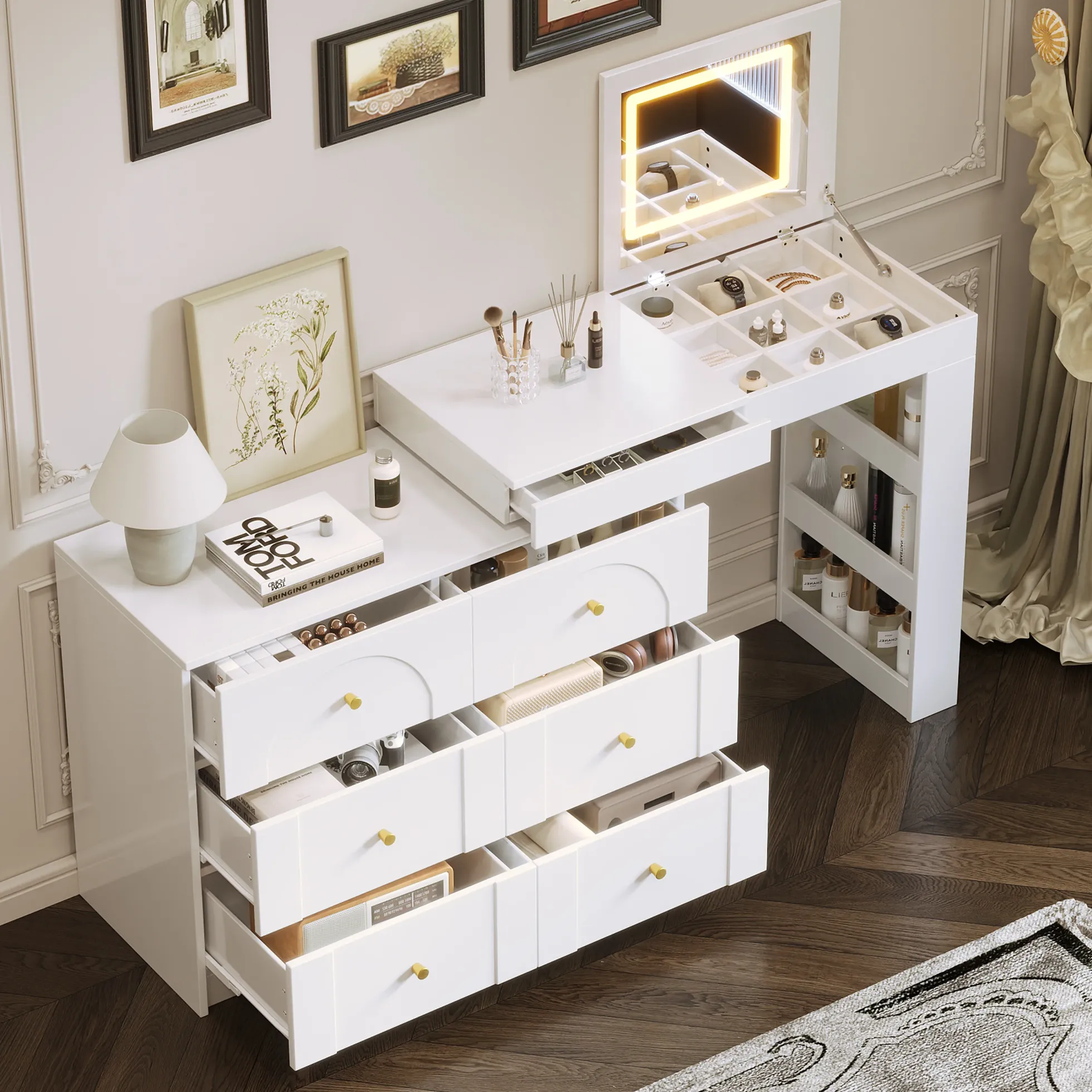 Walker Edison | White Multi-Functional Vanity Desk Dresser Set with Flip Mirror and Lights