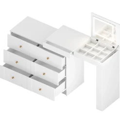 Walker Edison | White Multi-Functional Vanity Desk Dresser Set with Flip Mirror and Lights