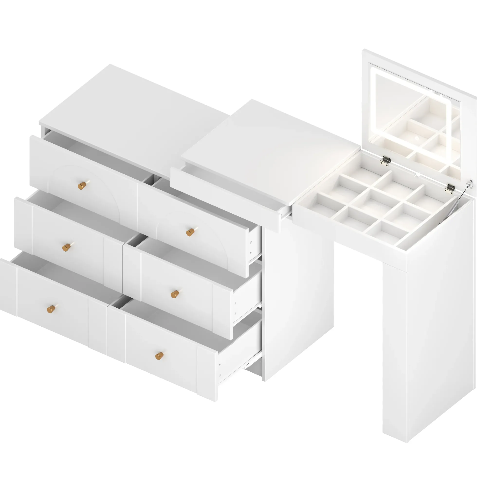 Walker Edison | White Multi-Functional Vanity Desk Dresser Set with Flip Mirror and Lights