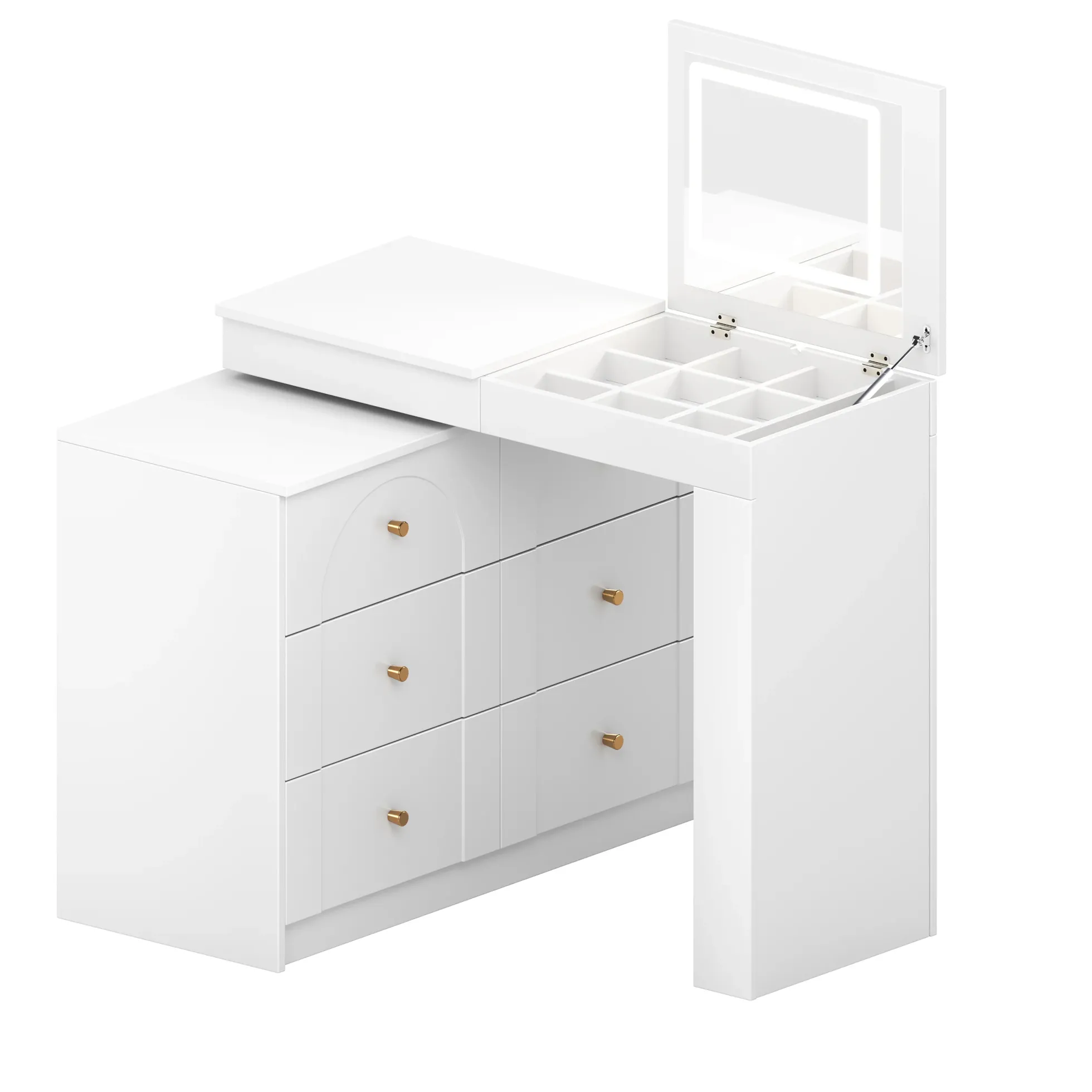 Walker Edison | White Multi-Functional Vanity Desk Dresser Set with Flip Mirror and Lights