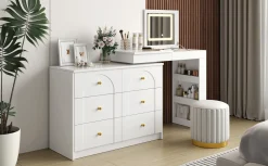 Walker Edison | White Multi-Functional Vanity Desk Dresser Set with Flip Mirror and Lights