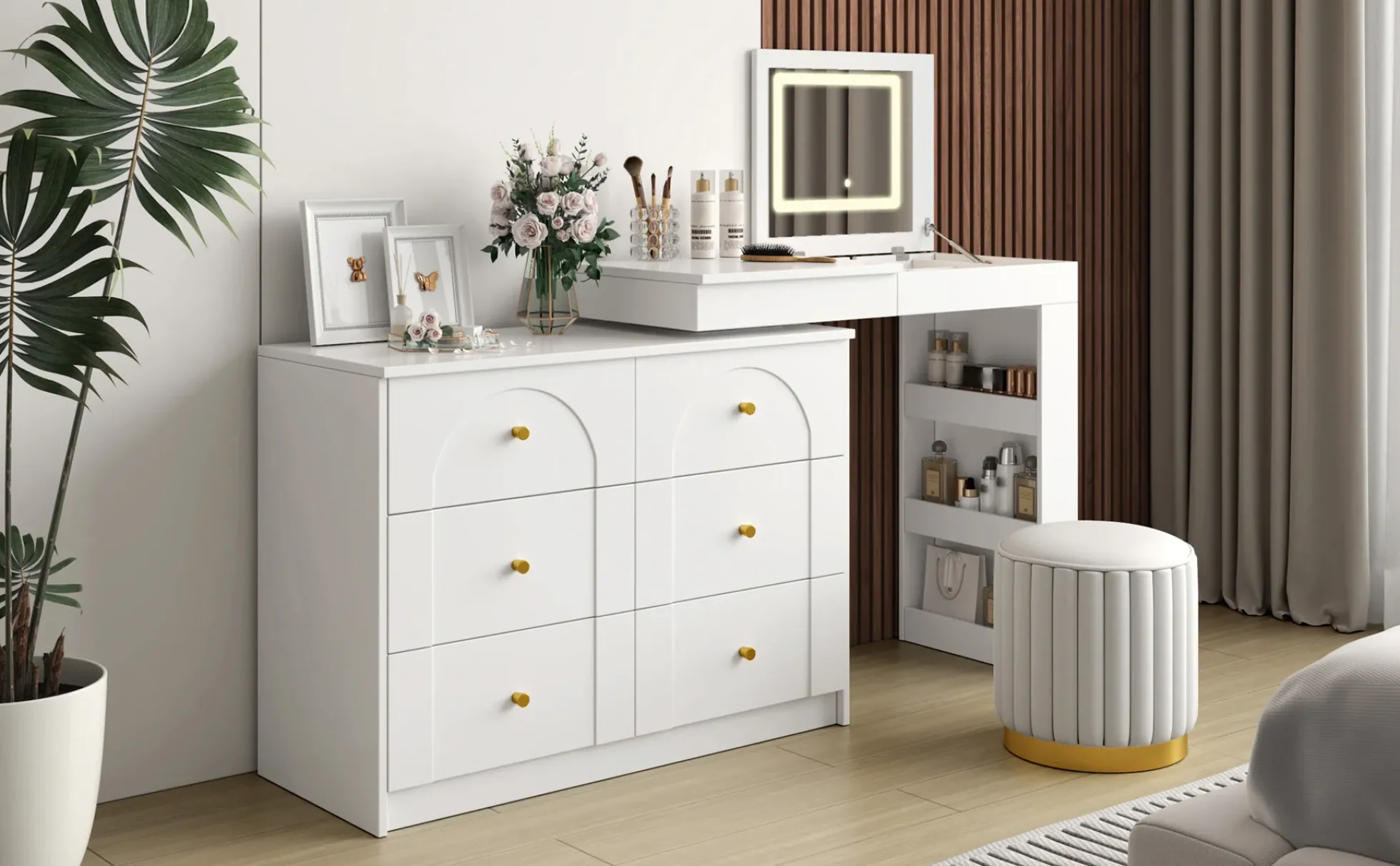 Walker Edison | White Multi-Functional Vanity Desk Dresser Set with Flip Mirror and Lights