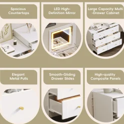Walker Edison | White Multi-Functional Vanity Desk Dresser Set with Flip Mirror and Lights