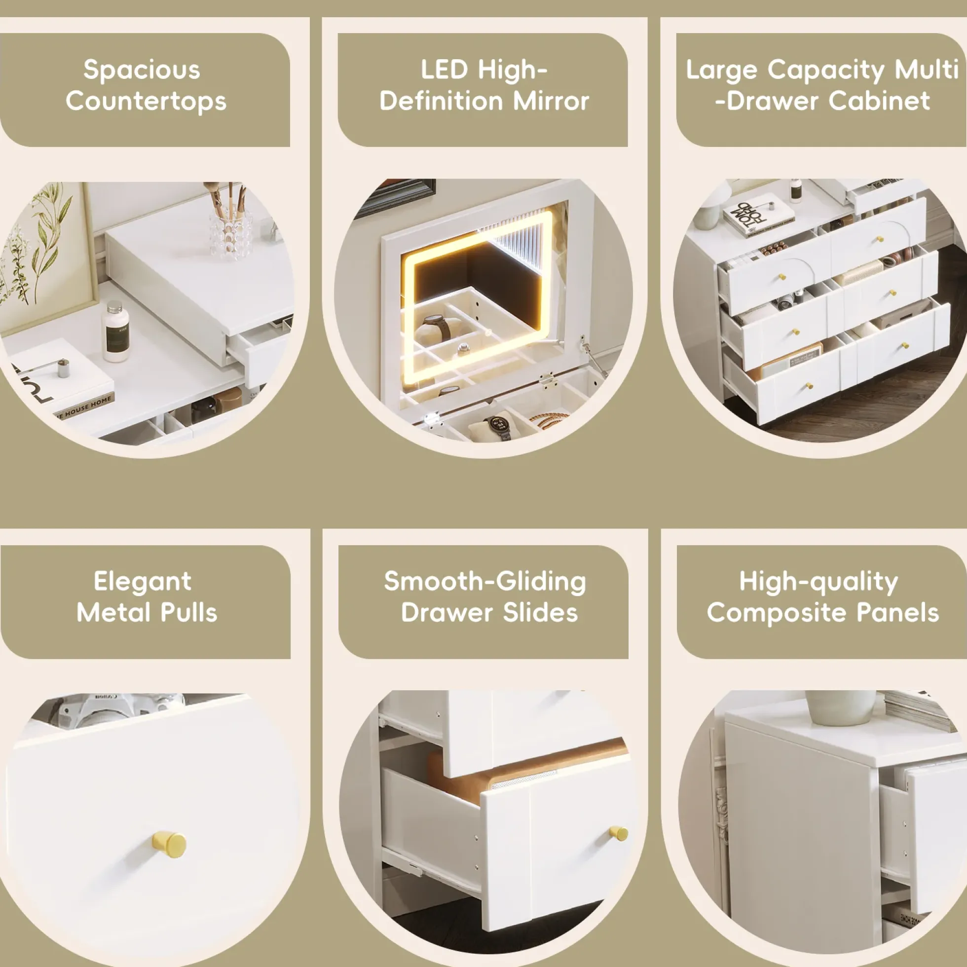 Walker Edison | White Multi-Functional Vanity Desk Dresser Set with Flip Mirror and Lights