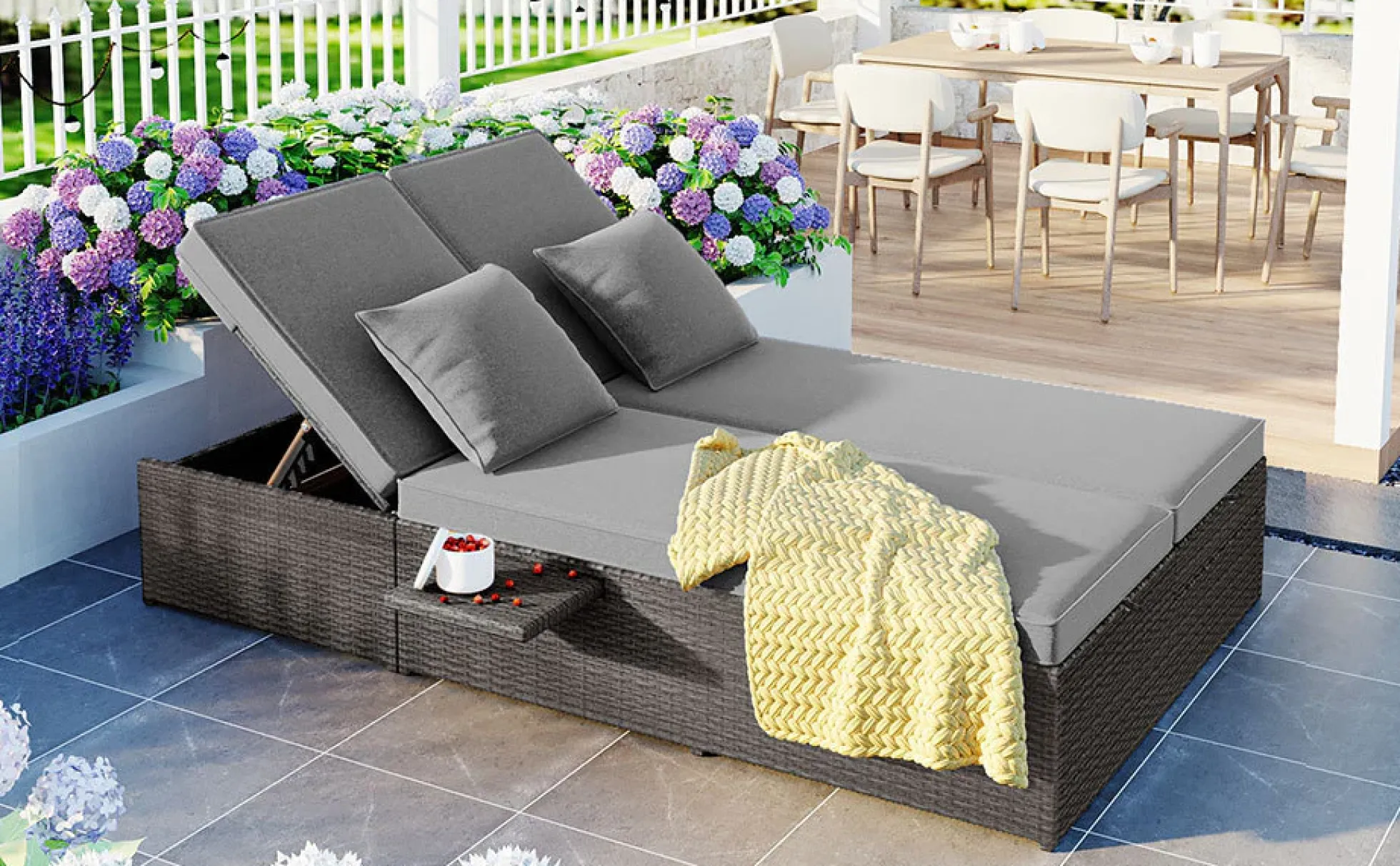 Walker Edison | Wicker Outdoor Double Sunbed Set