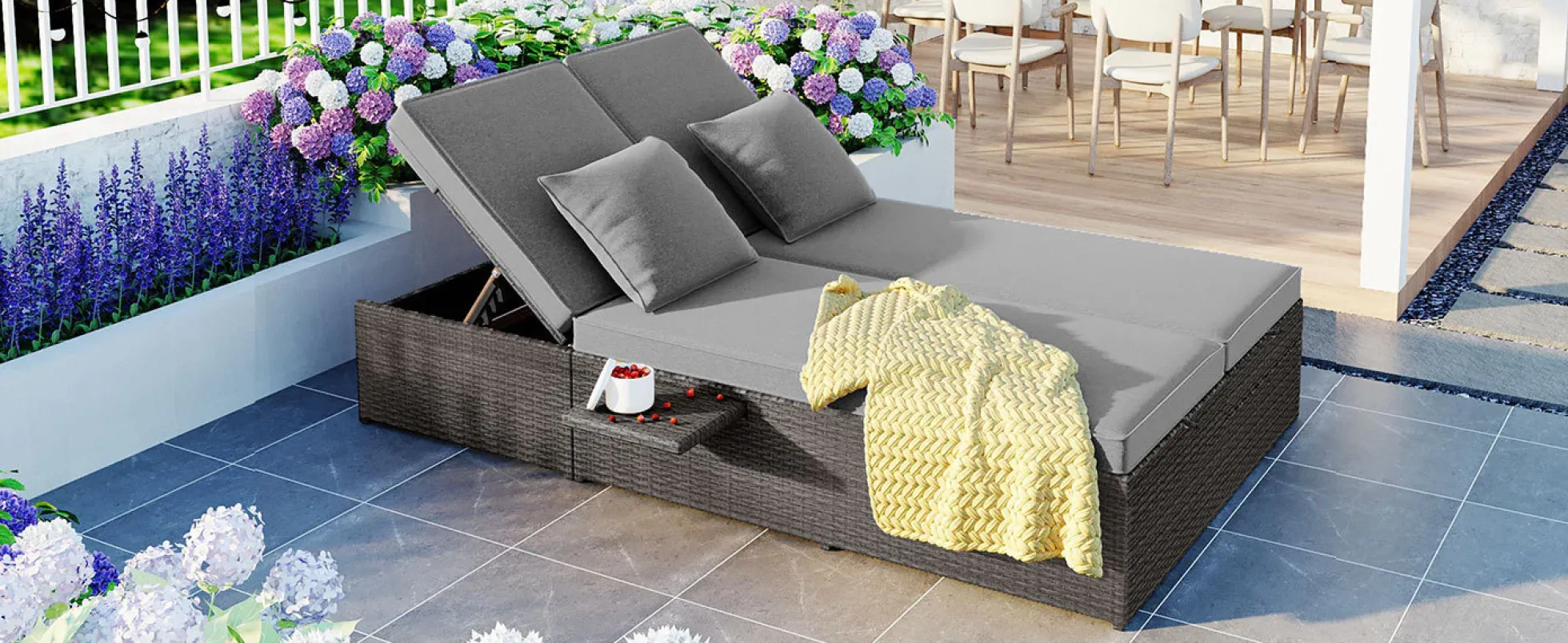 Walker Edison | Wicker Outdoor Double Sunbed Set