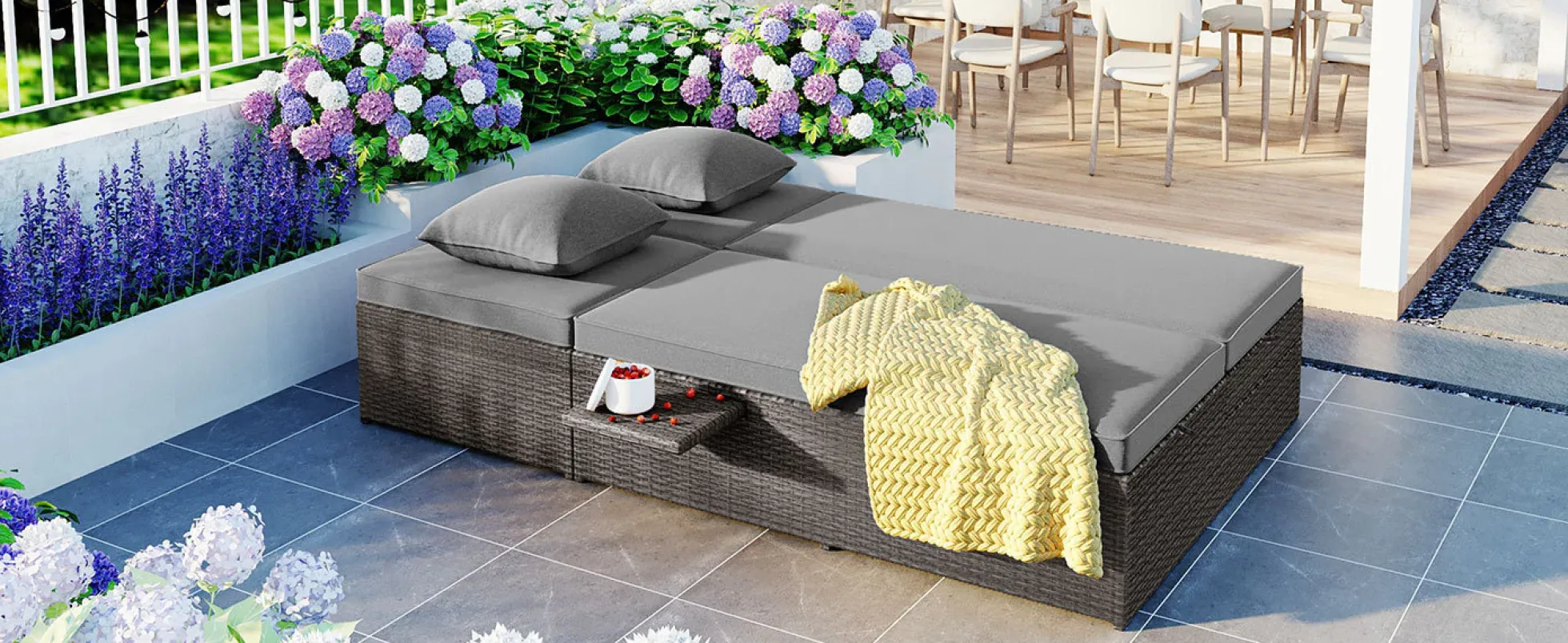 Walker Edison | Wicker Outdoor Double Sunbed Set