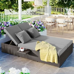 Walker Edison | Wicker Outdoor Double Sunbed Set