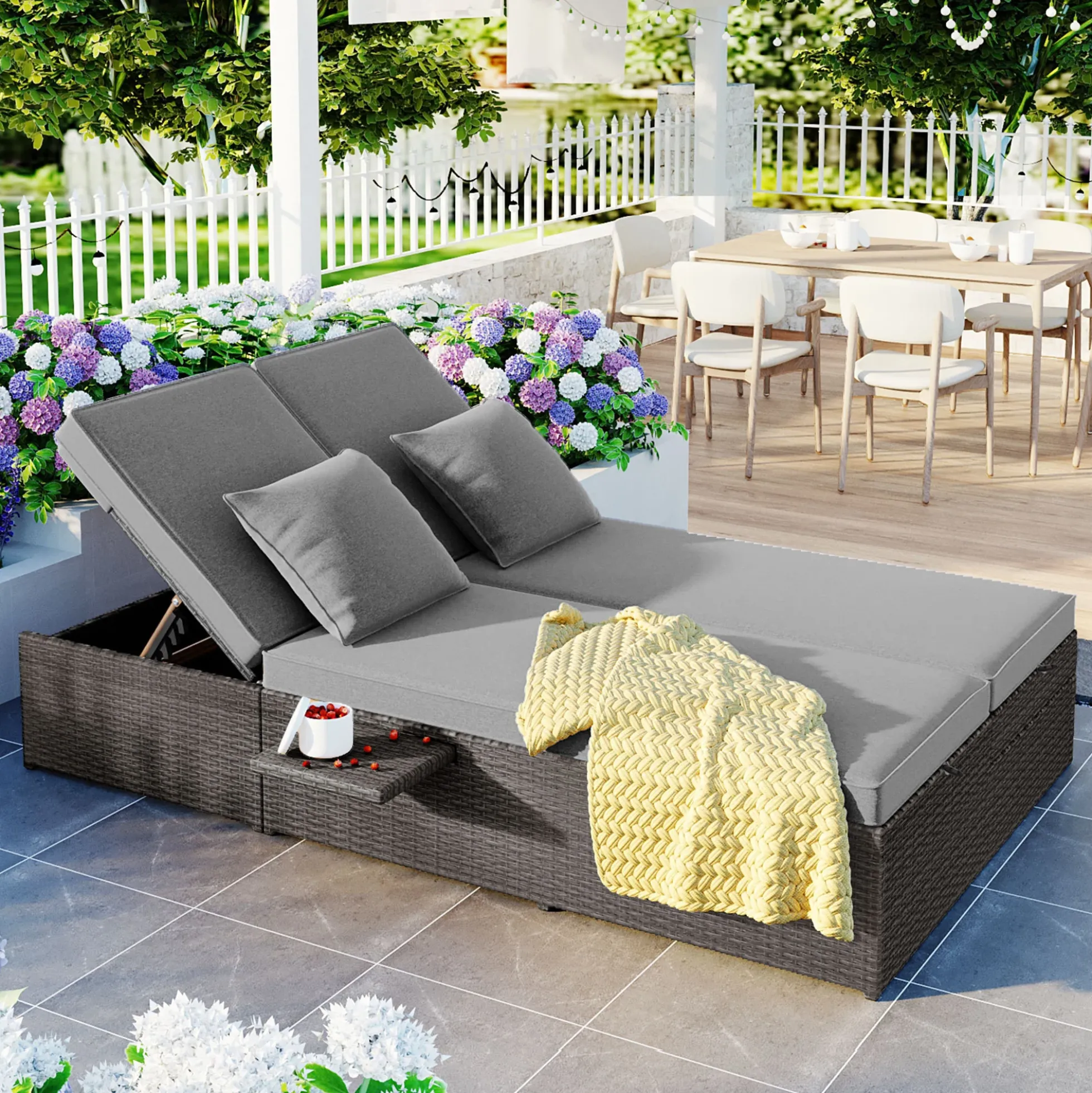 Walker Edison | Wicker Outdoor Double Sunbed Set