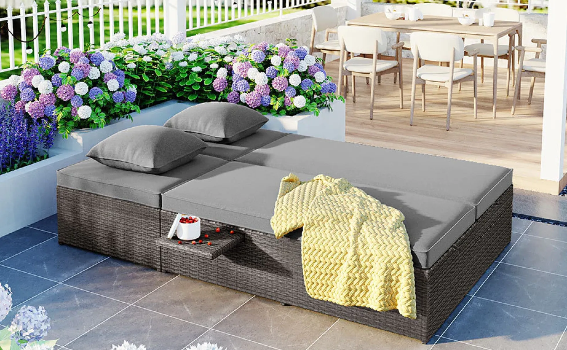 Walker Edison | Wicker Outdoor Double Sunbed Set