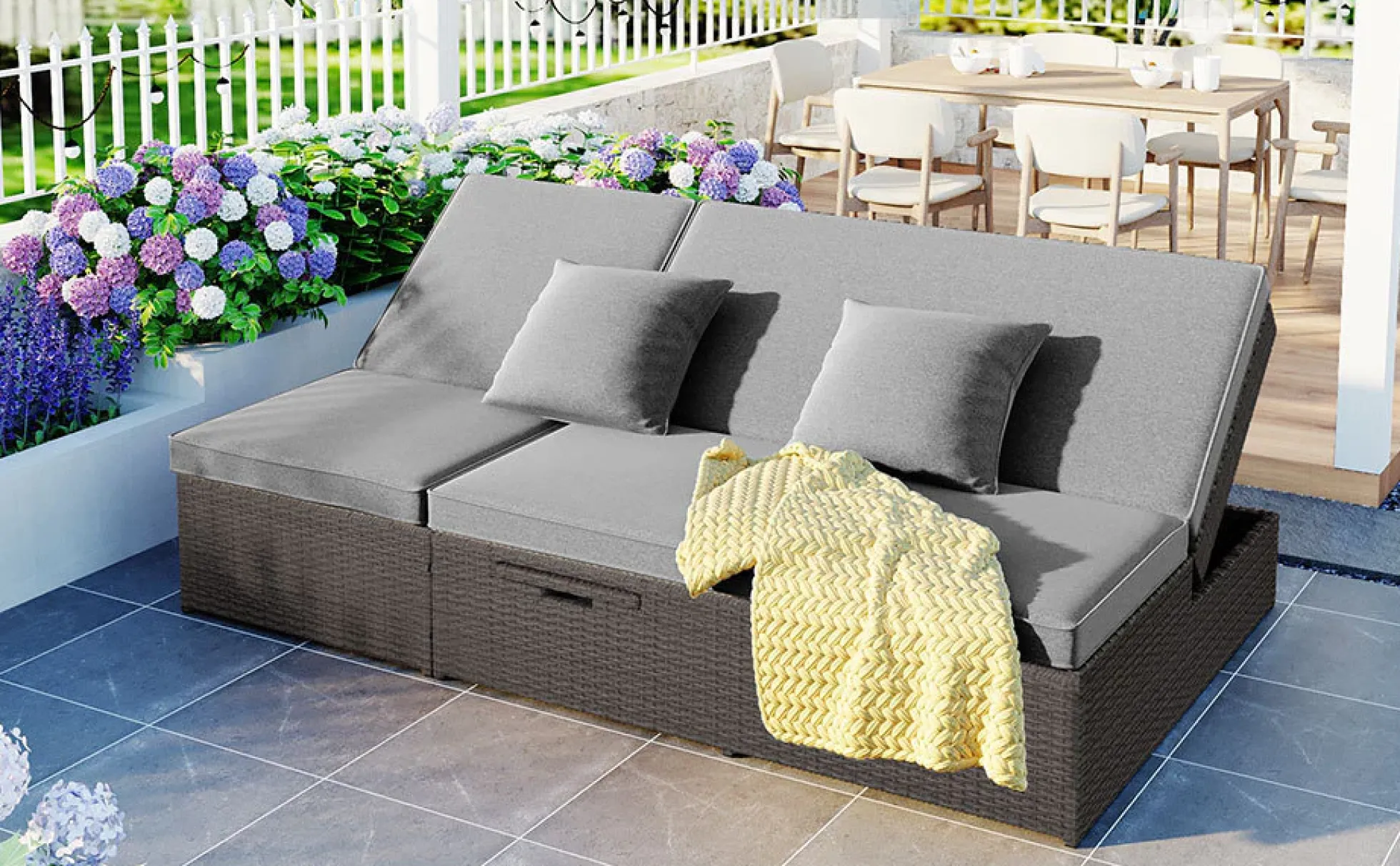 Walker Edison | Wicker Outdoor Double Sunbed Set