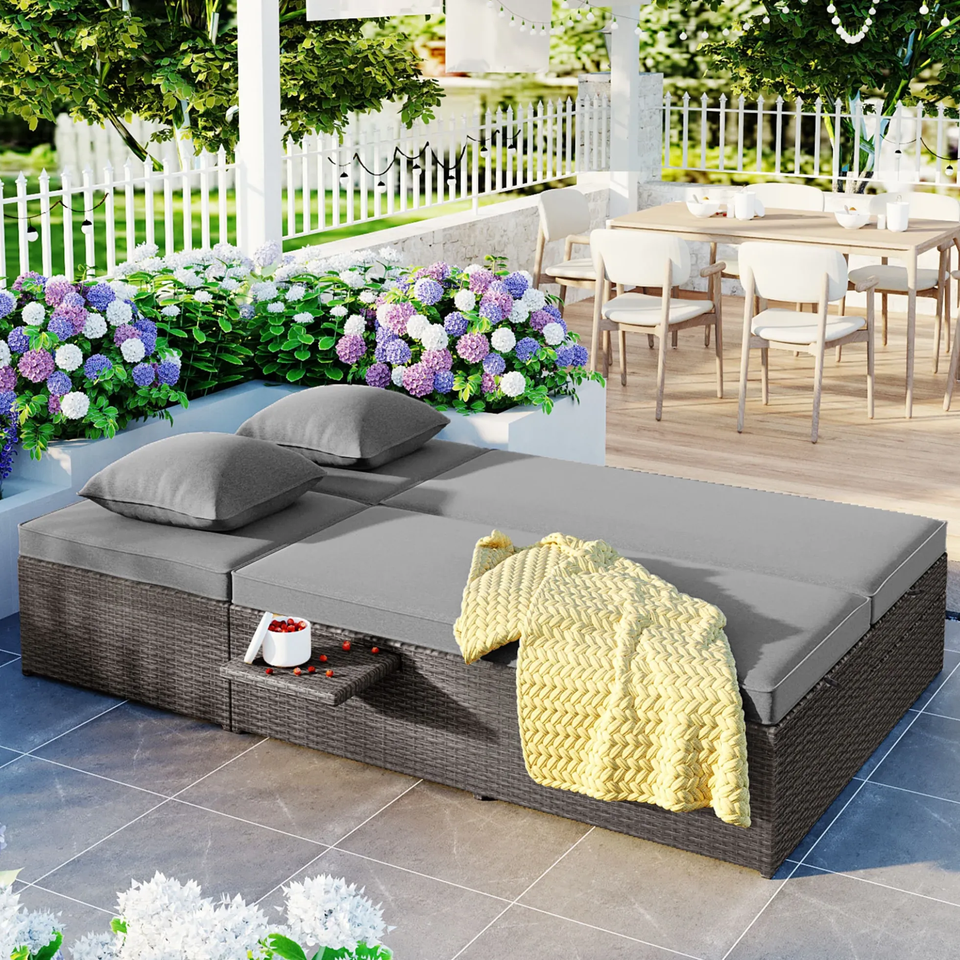 Walker Edison | Wicker Outdoor Double Sunbed Set