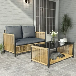 Walker Edison | Wicker Outdoor Loveseat Sofa Table Set