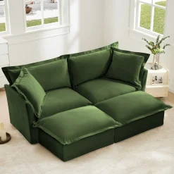 Walker Edison | Wide Deep Seat Slipcovered Loveseat Sofa with 2 Ottomans