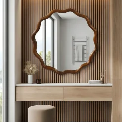 Walnut Color 36-inch Wavy Round Solid Wood Frame Decorative Mirror