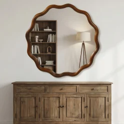 Walnut Color 36-inch Wavy Round Solid Wood Frame Decorative Mirror