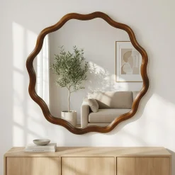 Walnut Color 36-inch Wavy Round Solid Wood Frame Decorative Mirror