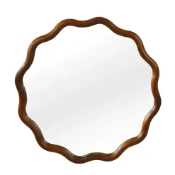 Walnut Color 36-inch Wavy Round Solid Wood Frame Decorative Mirror