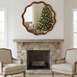 Walnut Color 36-inch Wavy Round Solid Wood Frame Decorative Mirror