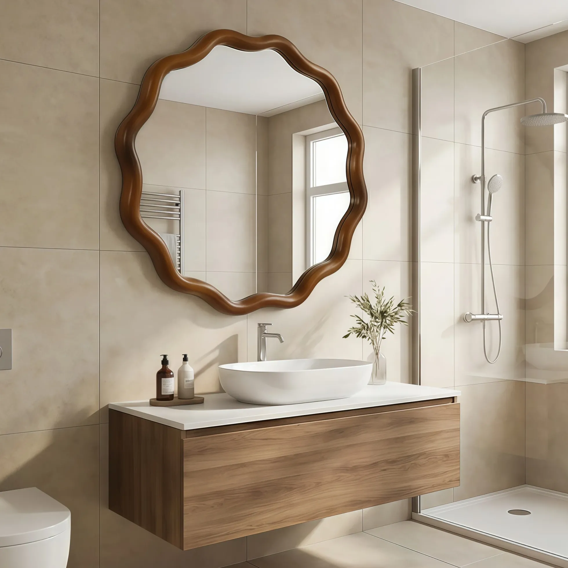 Walnut Color 36-inch Wavy Round Solid Wood Frame Decorative Mirror