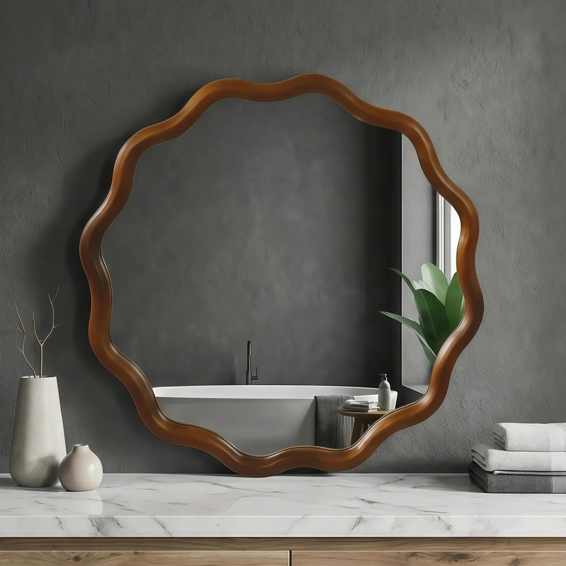 Walnut Color 36-inch Wavy Round Solid Wood Frame Decorative Mirror
