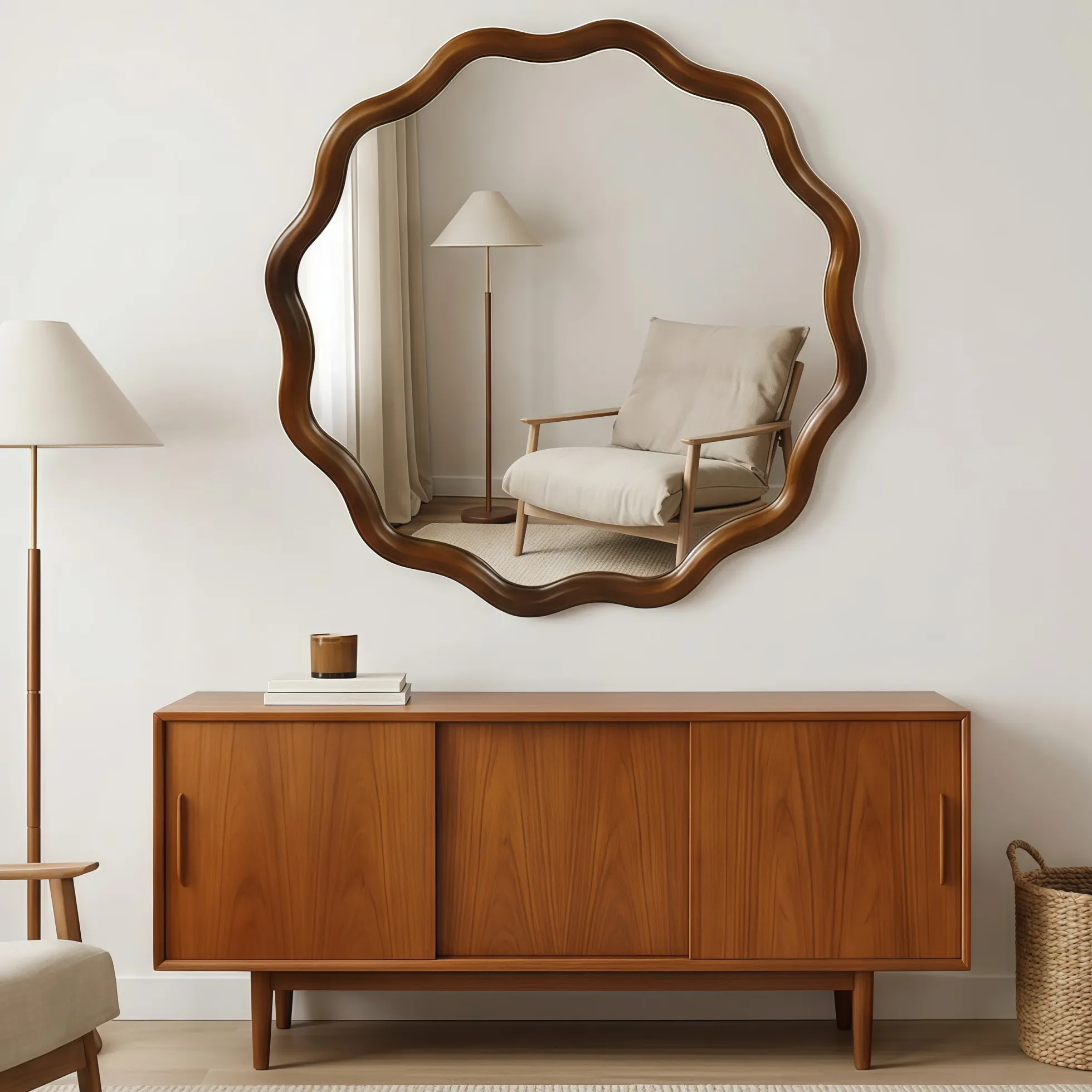 Walnut Color 36-inch Wavy Round Solid Wood Frame Decorative Mirror