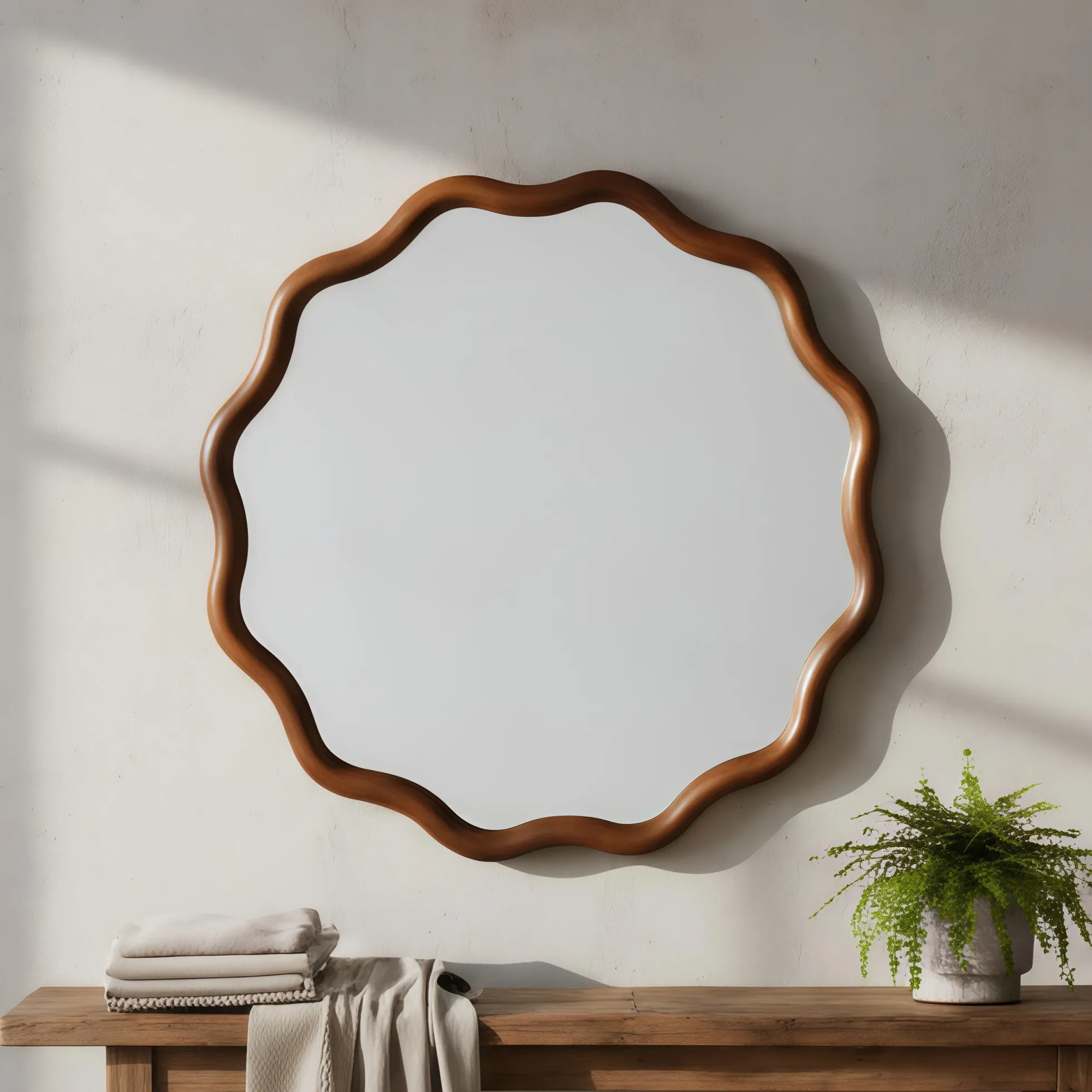 Walnut Color 36-inch Wavy Round Solid Wood Frame Decorative Mirror