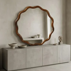 Walnut Color 36-inch Wavy Round Solid Wood Frame Decorative Mirror