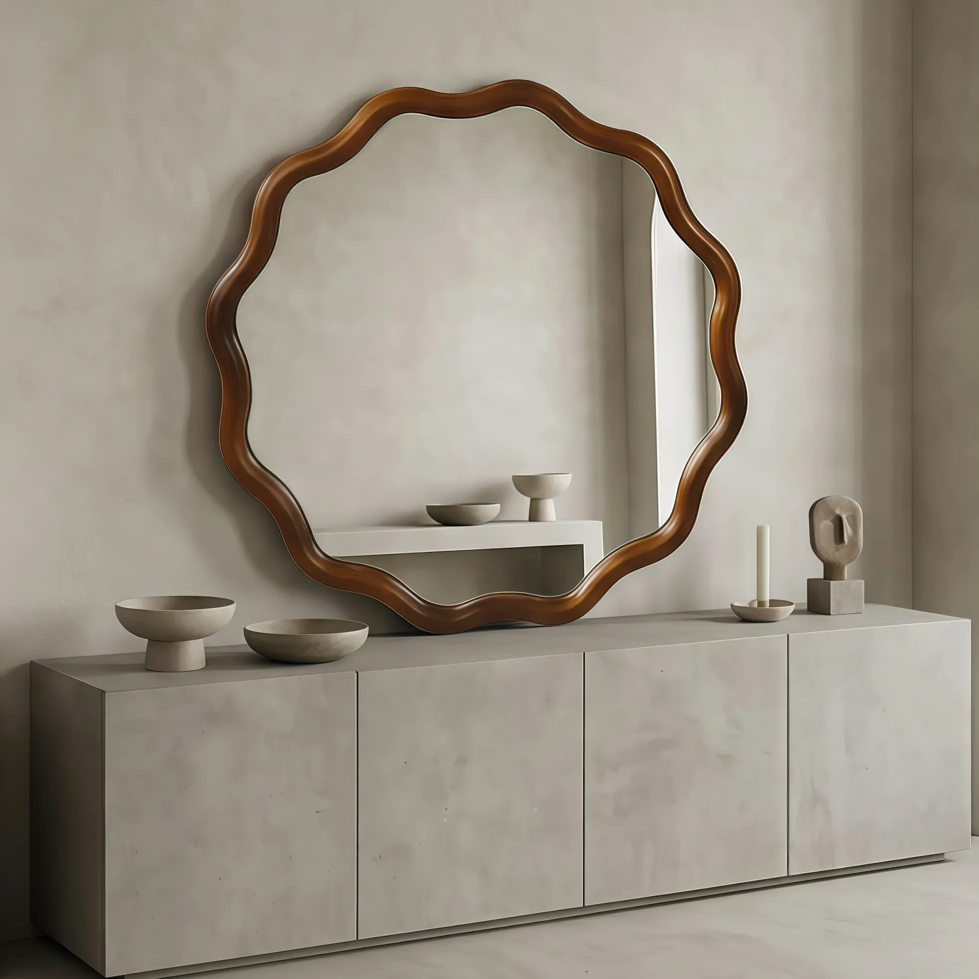 Walnut Color 36-inch Wavy Round Solid Wood Frame Decorative Mirror