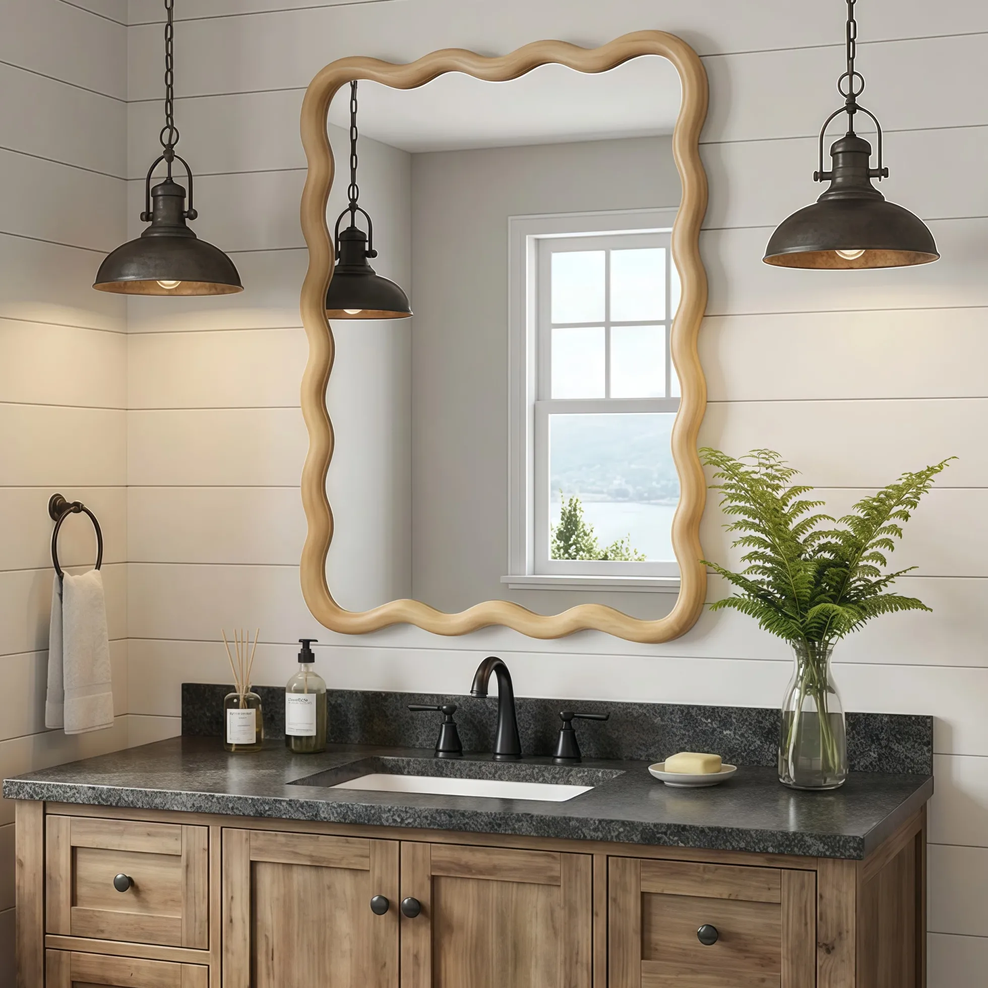 Wavy Rectangle Solid Wood Frame Decorative Mirror