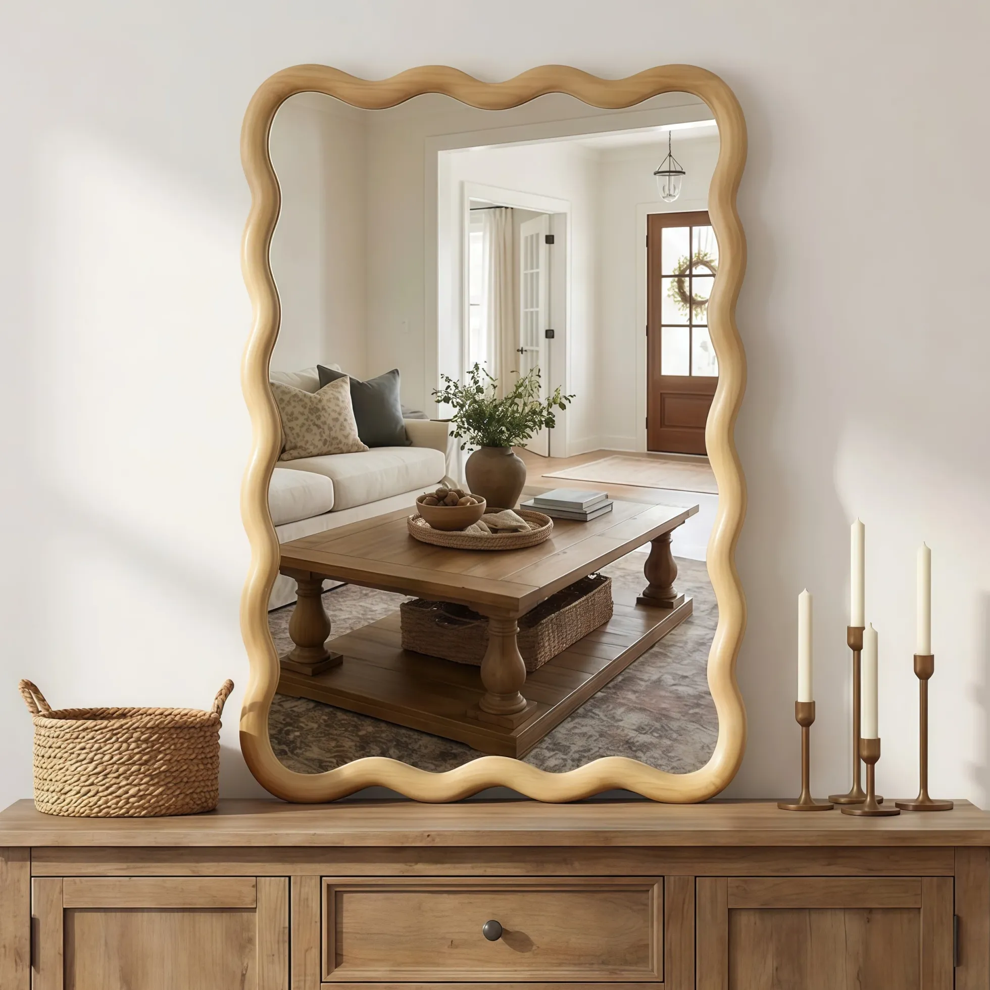 Wavy Rectangle Solid Wood Frame Decorative Mirror