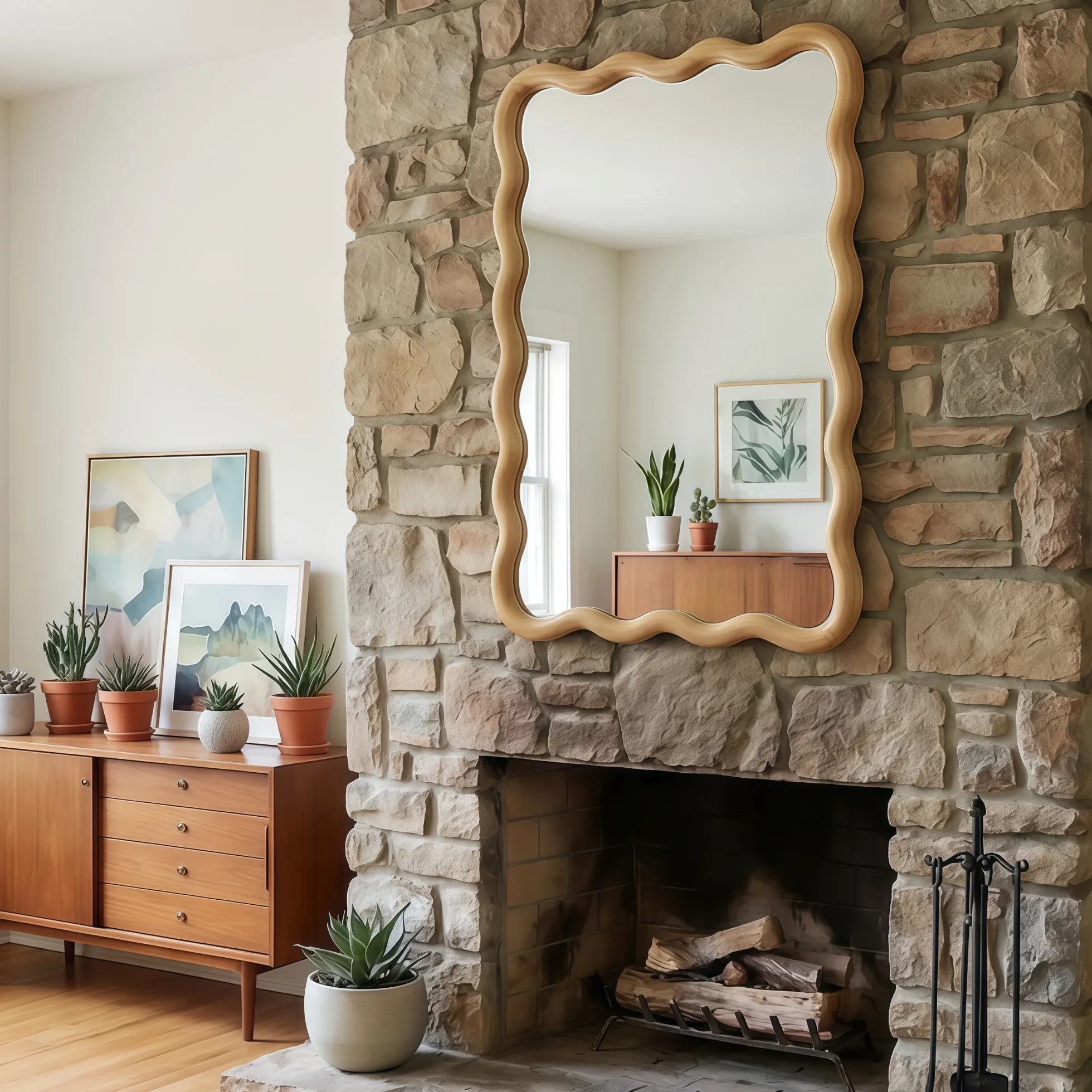 Wavy Rectangle Solid Wood Frame Decorative Mirror