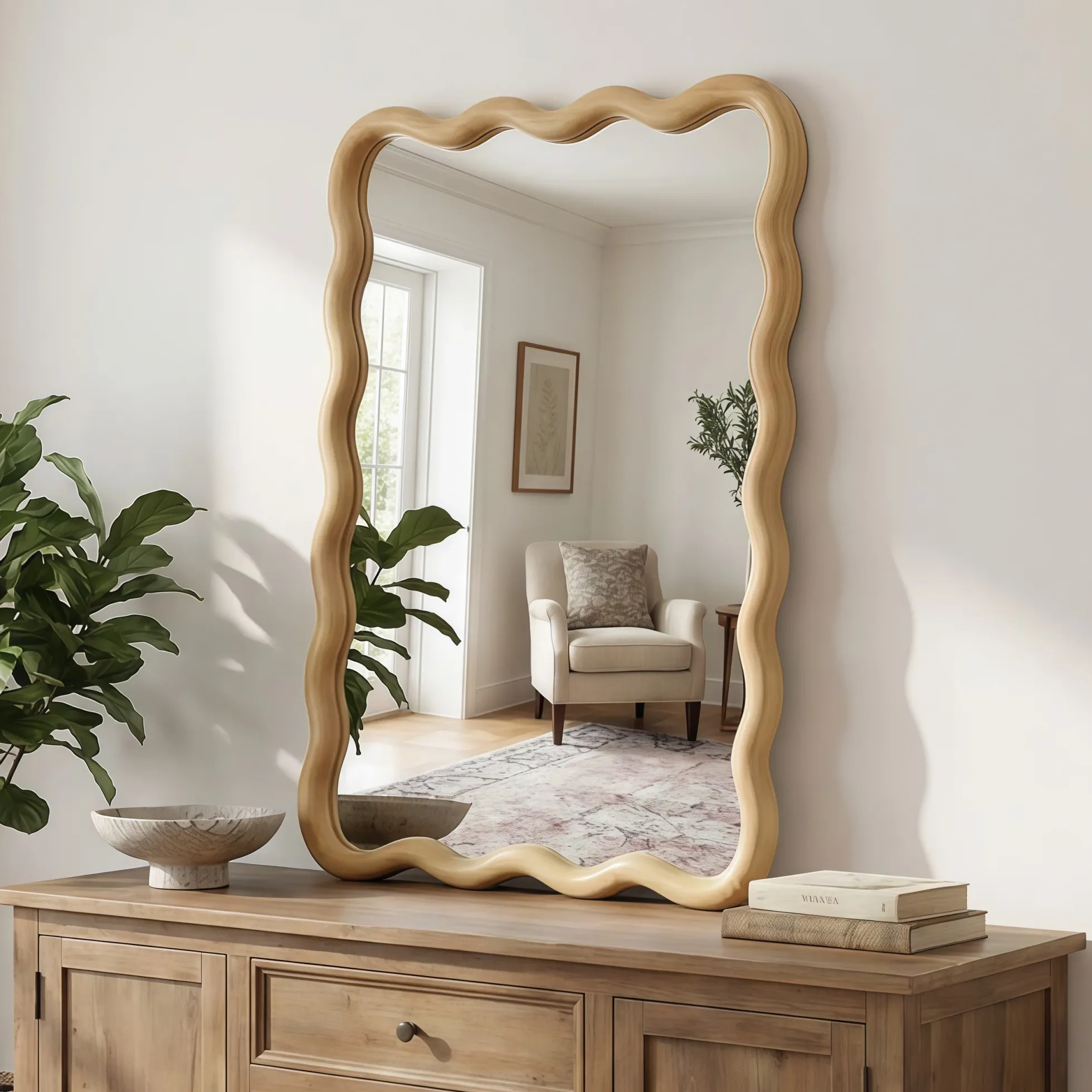 Wavy Rectangle Solid Wood Frame Decorative Mirror
