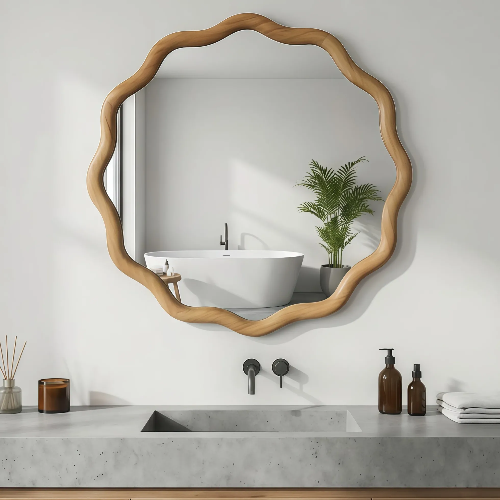 Wavy Round 24" Solid Wood Frame Decorative Mirror