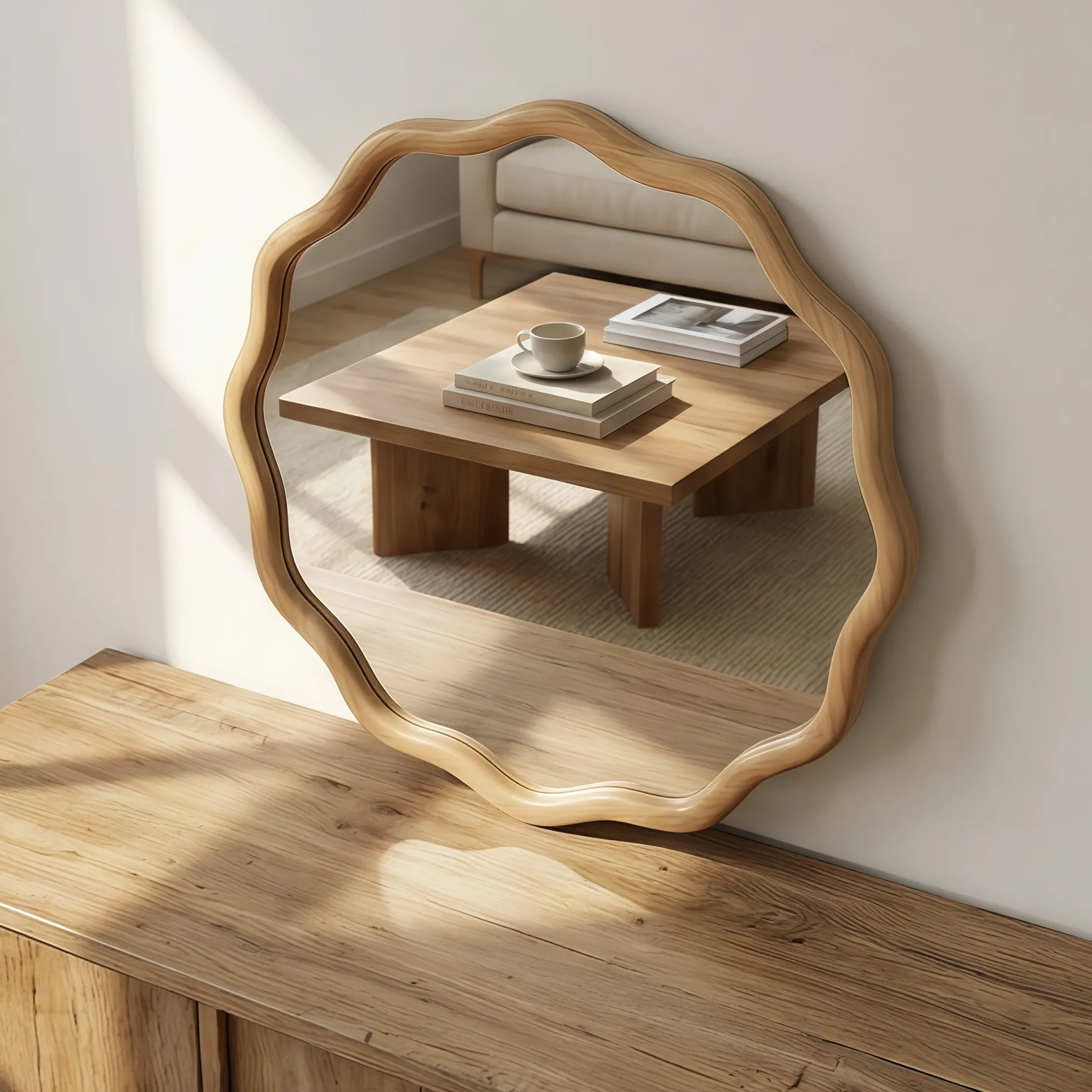 Wavy Round 24" Solid Wood Frame Decorative Mirror