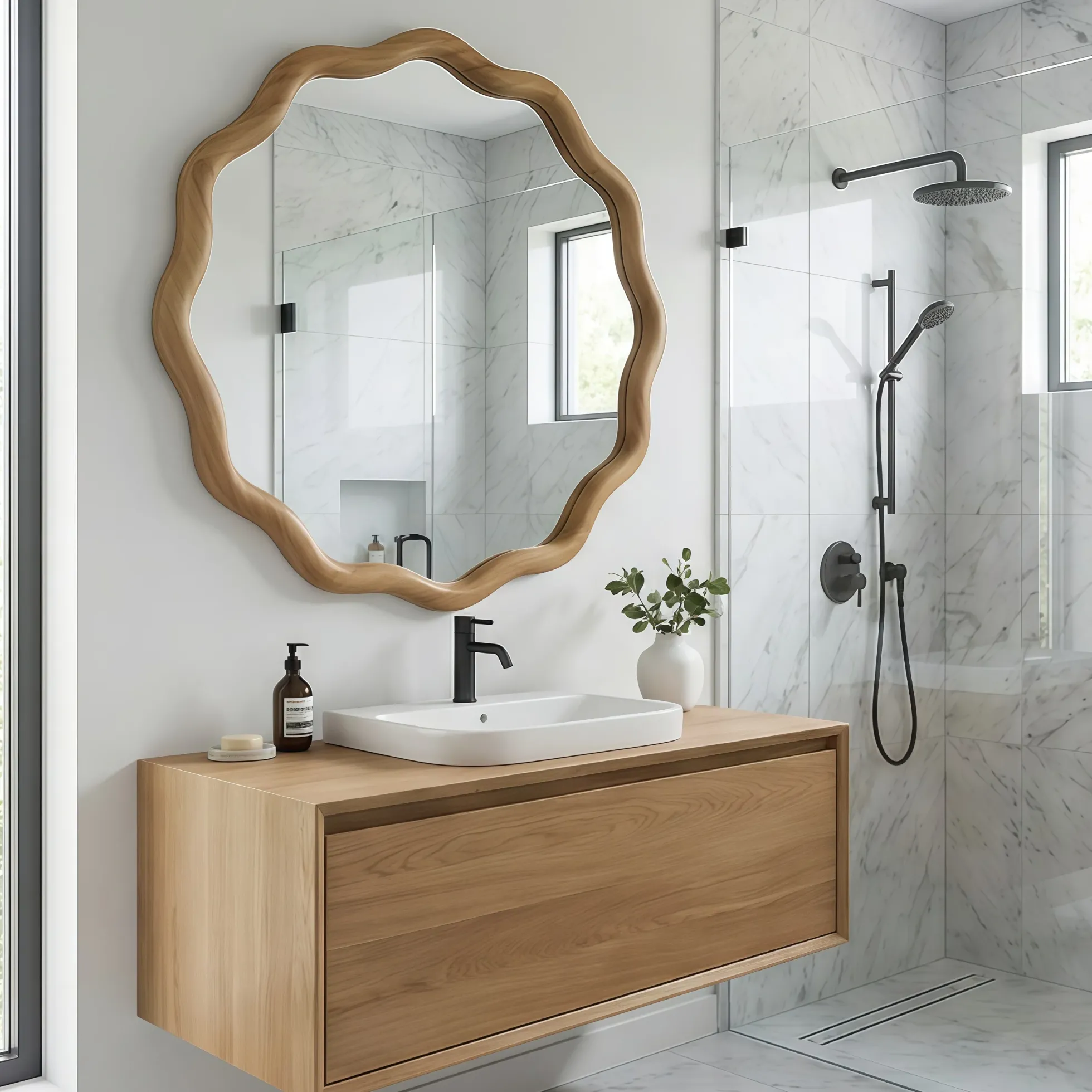 Wavy Round 24" Solid Wood Frame Decorative Mirror