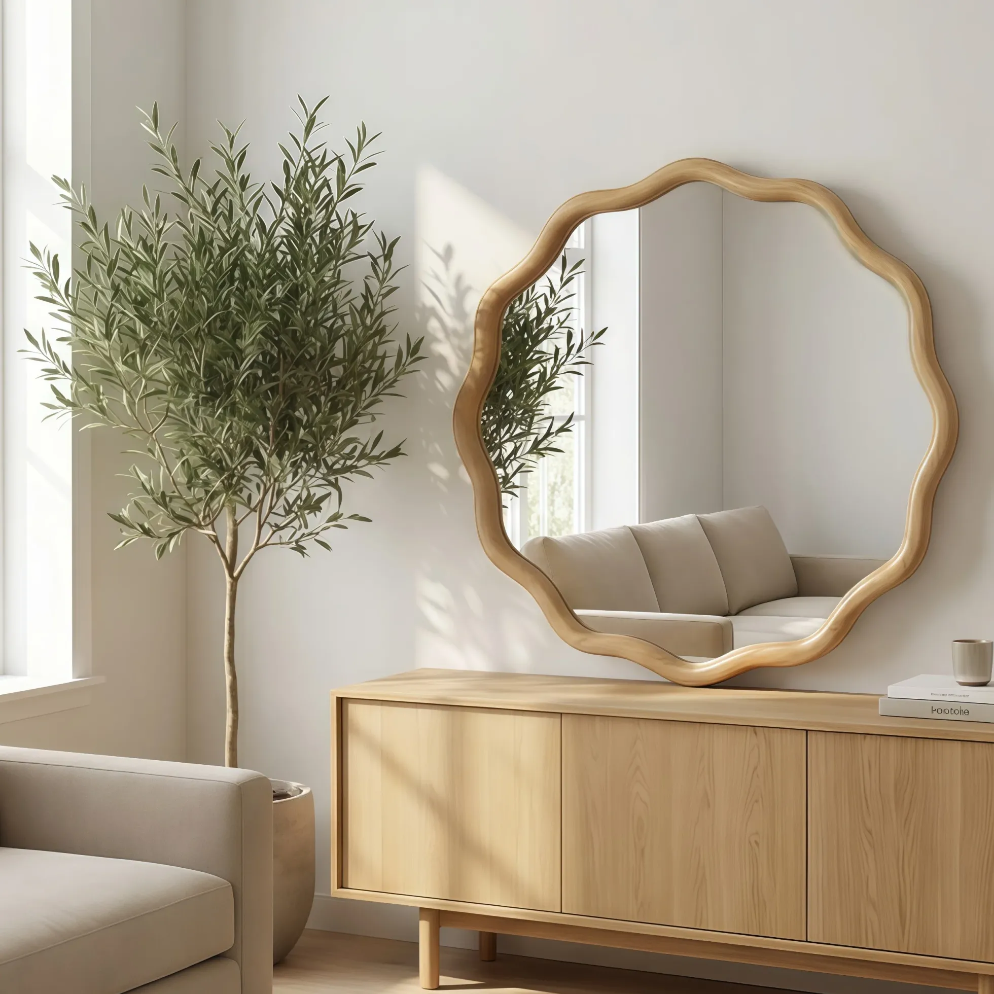 Wavy Round 24" Solid Wood Frame Decorative Mirror