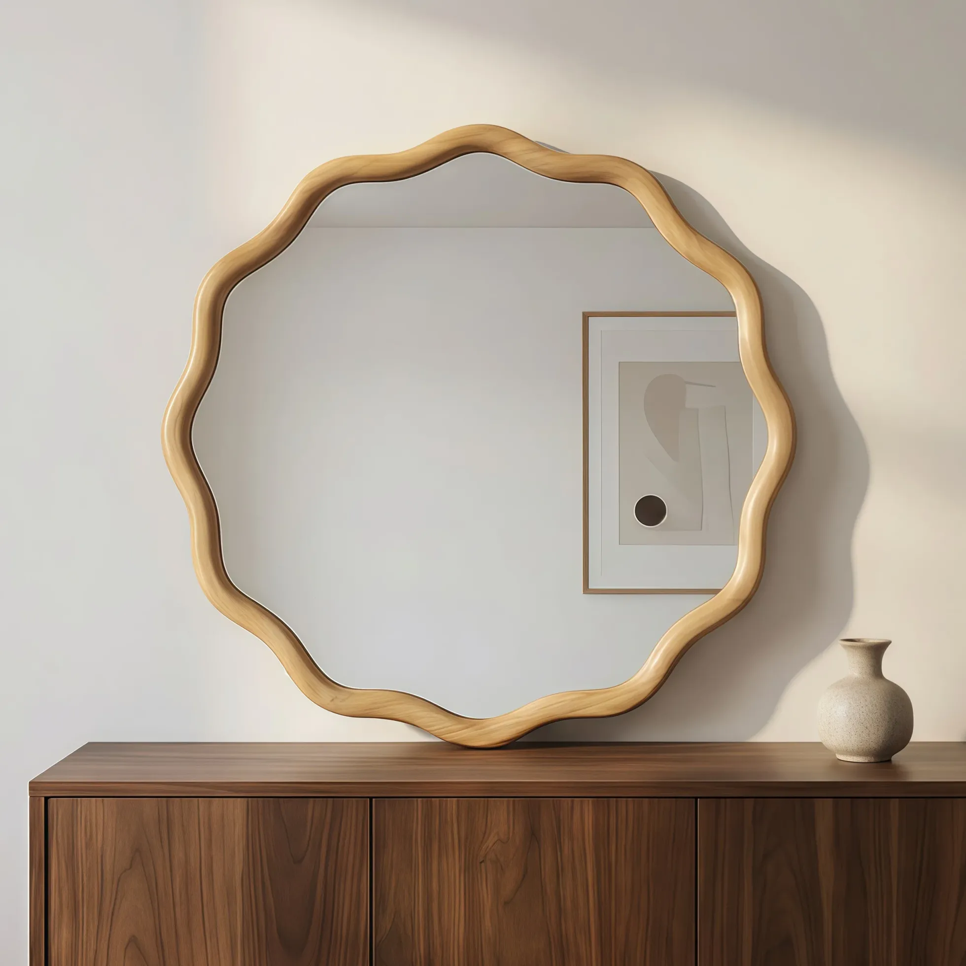 Wavy Round 24" Solid Wood Frame Decorative Mirror