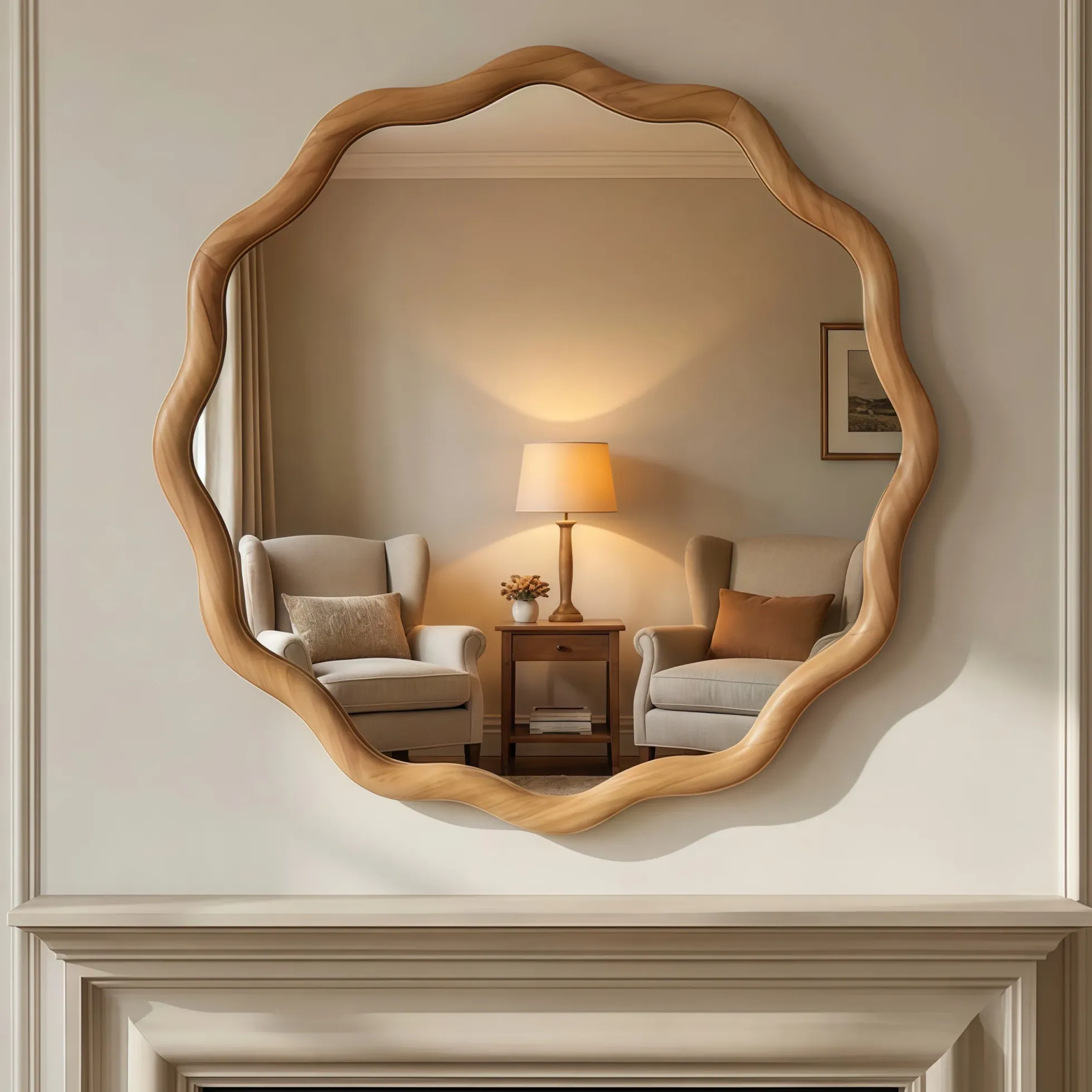 Wavy Round 24" Solid Wood Frame Decorative Mirror