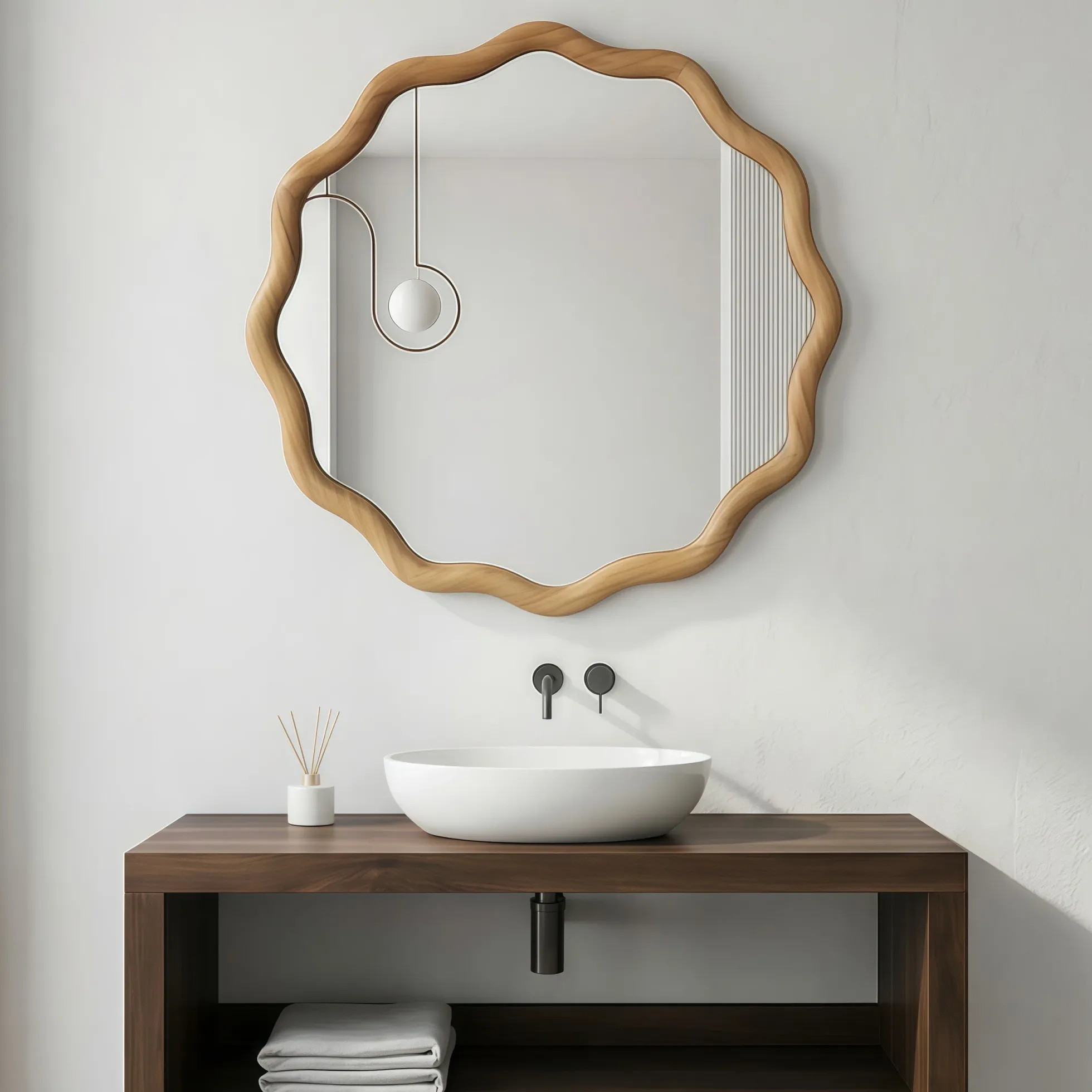Wavy Round 24" Solid Wood Frame Decorative Mirror