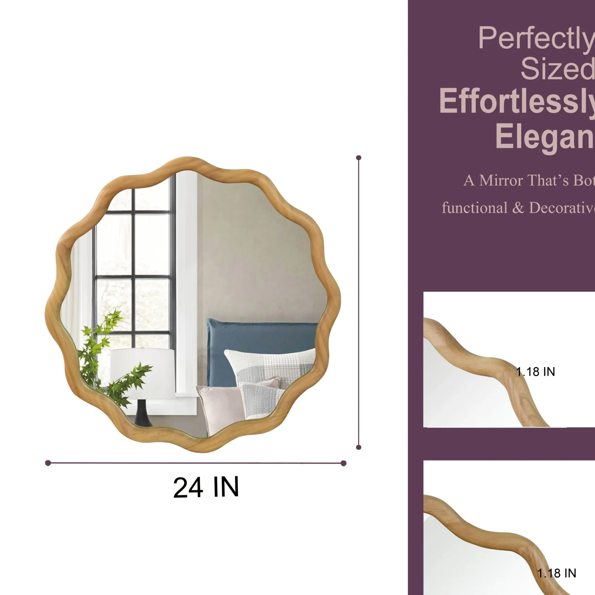 Wavy Round 24" Solid Wood Frame Decorative Mirror