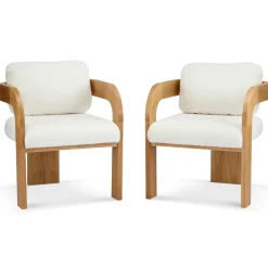 White Boucle 2 Pack Dining Chairs with Pillow Back and Solid Wood Frame